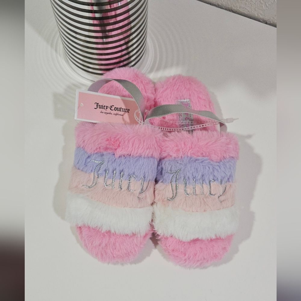 Juicy Couture Pink and Purple Kids Furry Slippers Size 4 - 5 New